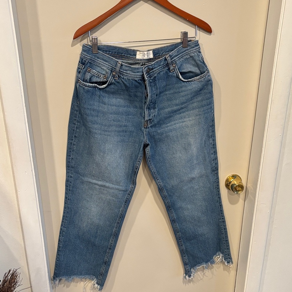 Free People Blue Cropped Jeans with Frayed Hem